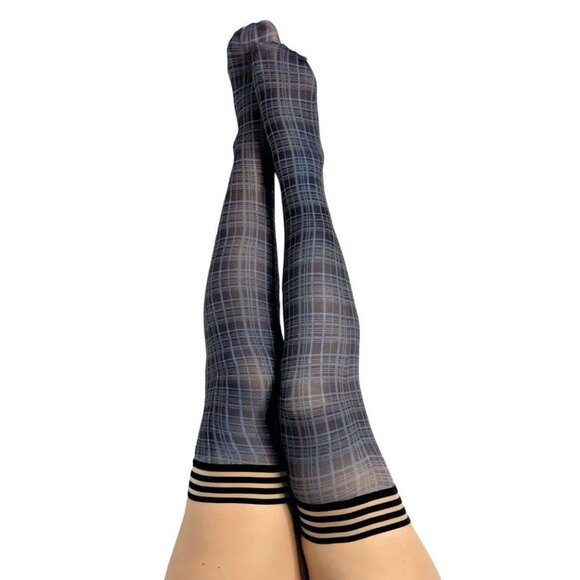 KIX'IES DEBBIE: NAVY PLAID THIGH HIGHS‎ NEW  ALL SIZES - Picture 1 of 3